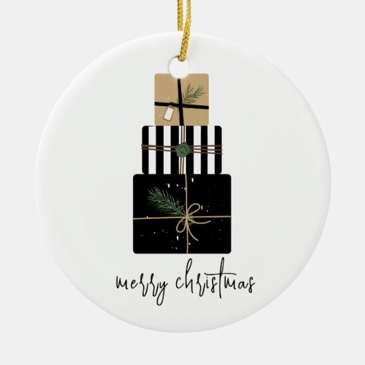 Moderne feestdag met kerstcadeaus keramisch ornament (Voorkant)