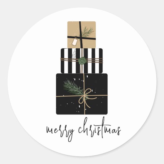 Moderne feestdag met kerstcadeaus ronde sticker (Voorkant)
