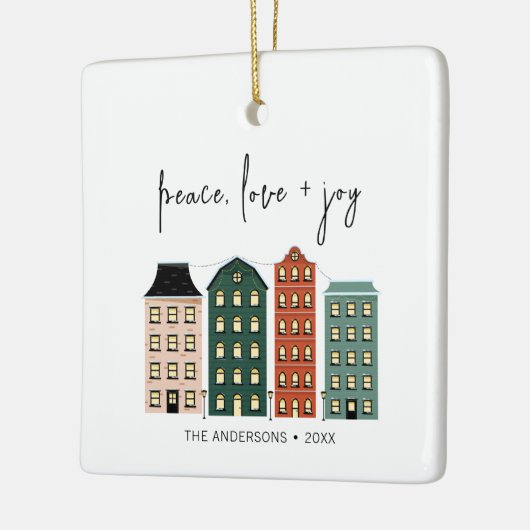 Moderne feestdag met vreugde en vrolijk kerstfeest keramisch ornament (Links)