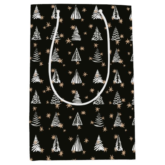 Moderne feestdag zwarte witte gouden sterren medium cadeauzakje (Voorkant)