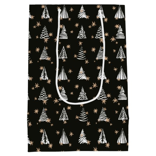 Moderne feestdag zwarte witte gouden sterren medium cadeauzakje (Achterkant)