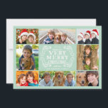 Moderne Feestdagen van Mint & Zwemelen - Fotokaart Feestdagenkaart<br><div class="desc">Eenvoudige mint green grid sjabloon met plaatsen voor 8 van uw favoriete foto's. Geïllustreerd met elegant, modern wervelend design en fancy lettertypen. Er staat: "Ik wens u een heel vrolijk kerstfeest". Personaliseer het met uw familienaam. ***LET OP: als u het lettertype of de grootte van het lettertype wijzigt, kan dit...</div>