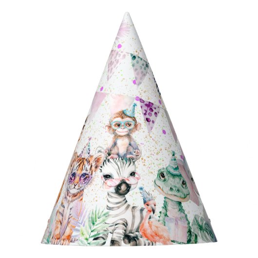 Moderne feestdieren Safari Oerwoud Zoo Verjaardag Feesthoedjes (Voorkant)