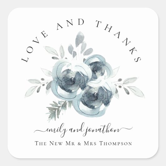 Moderne feestelijke bloemen dank u namen bruiloft vierkante sticker (Voorkant)