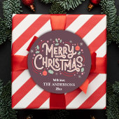 Moderne feestelijke bordeaux & wit Vrolijk Kerstfe Ronde Sticker