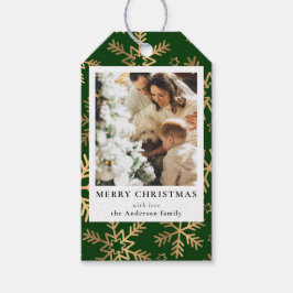 Moderne feestelijke groene gouden kerstfamilie fot cadeaulabel