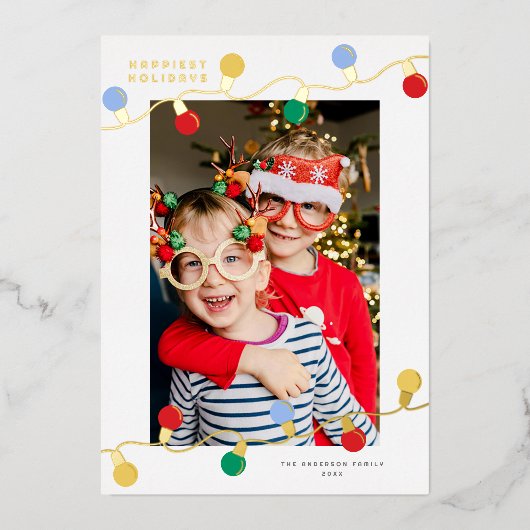 Moderne feestelijke kleurrijke kerstverlichting éé folie feestdagenkaart (Voorkant)