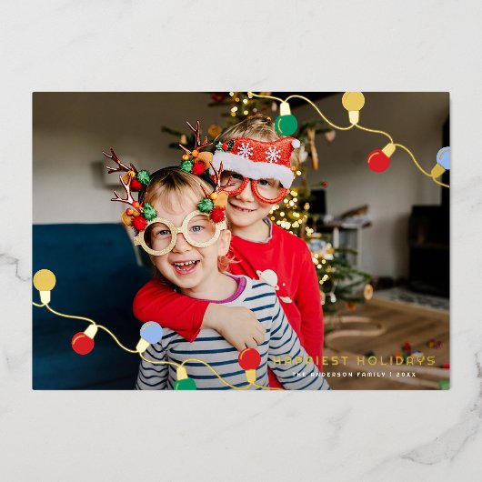 Moderne feestelijke kleurrijke kerstverlichting éé folie feestdagenkaart (Voorkant)