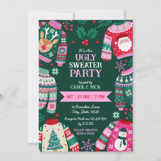 Moderne feestelijke lelijke trui rood, groen en ro kaart (Voorkant)