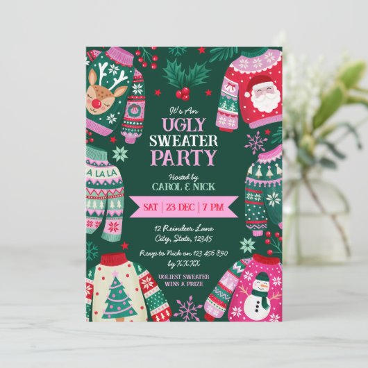 Moderne feestelijke lelijke trui rood, groen en ro kaart (Staand voorkant)