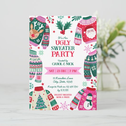 Moderne feestelijke lelijke trui rood, groen en ro kaart (Staand voorkant)