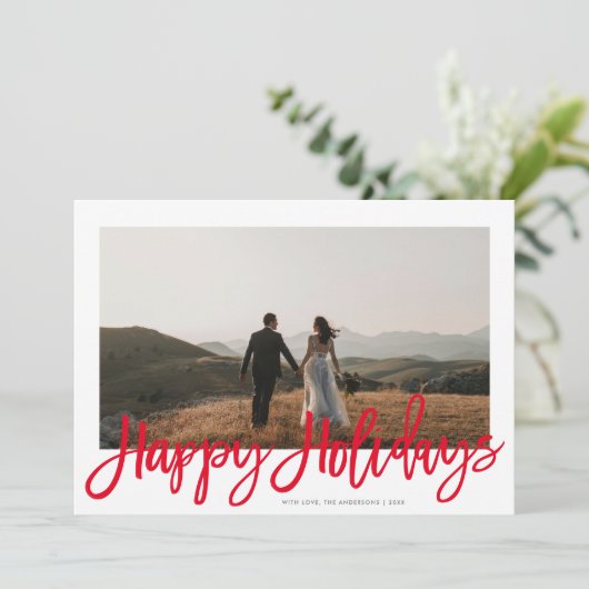 Moderne feestelijke rode script kerst één foto feestdagenkaart (Staand voorkant)