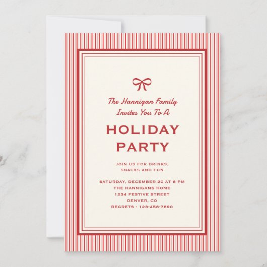 Moderne feestelijke rode strik en strepen Familiev Kaart (Voorkant)