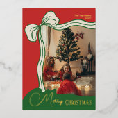 Moderne feestelijke rood groene foto kerst folie feestdagenkaart (Voorkant)