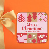 Moderne feestelijke schattige rode & roze vrolijke vierkante sticker