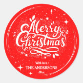 Moderne feestelijke schattige rode & witte vrolijk ronde sticker (Voorkant)