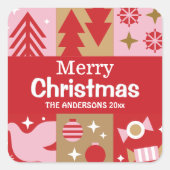 Moderne feestelijke schattige rode & witte vrolijk vierkante sticker (Voorkant)