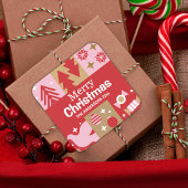 Moderne feestelijke schattige rode & witte vrolijk vierkante sticker