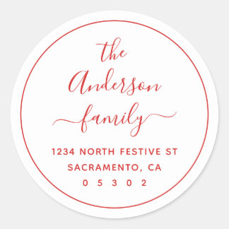 Moderne feestelijke witte familienaam retouradres ronde sticker