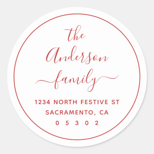 Moderne feestelijke witte familienaam retouradres ronde sticker (Voorkant)