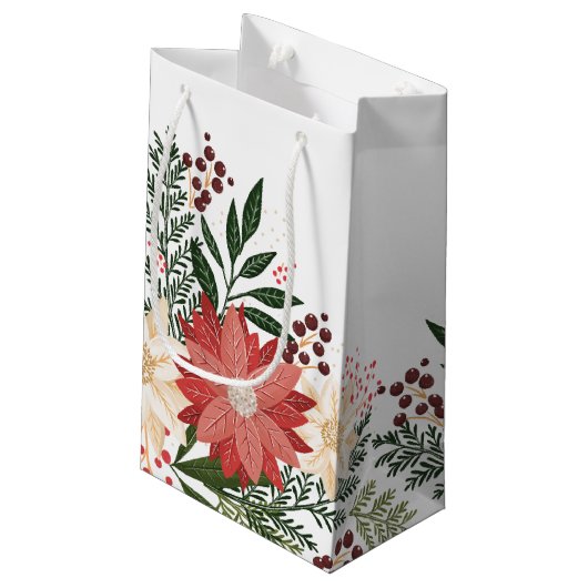 Moderne feestelijke witte poinsettia vakantie klein cadeauzakje (Achterkant Gekanteld)