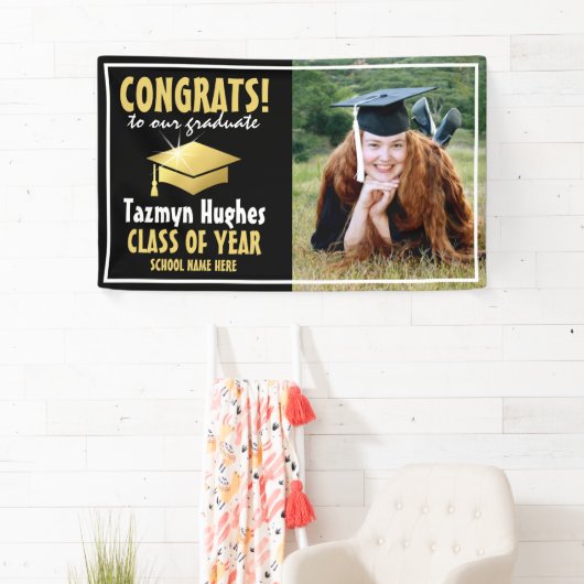 Moderne felicitaties! Goud 2025 Afstuderen Foto Spandoek (Insitu)