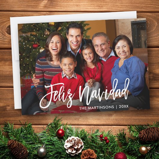 Moderne Feliz Navidad Family Foto van penseelscrip Feestdagenkaart