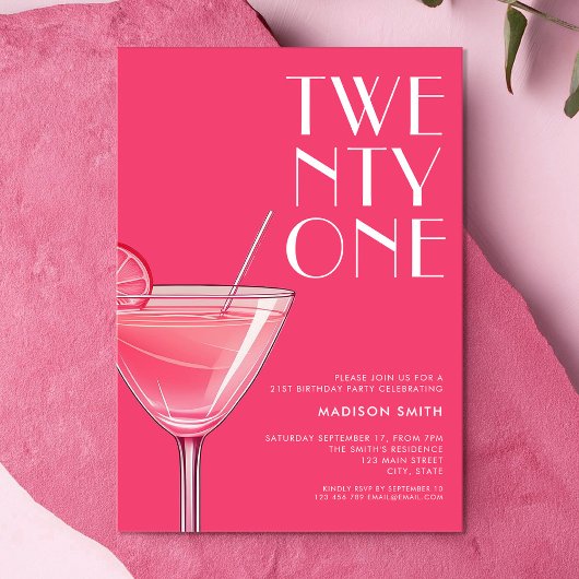 Moderne felroze cocktail 21e verjaardag kaart