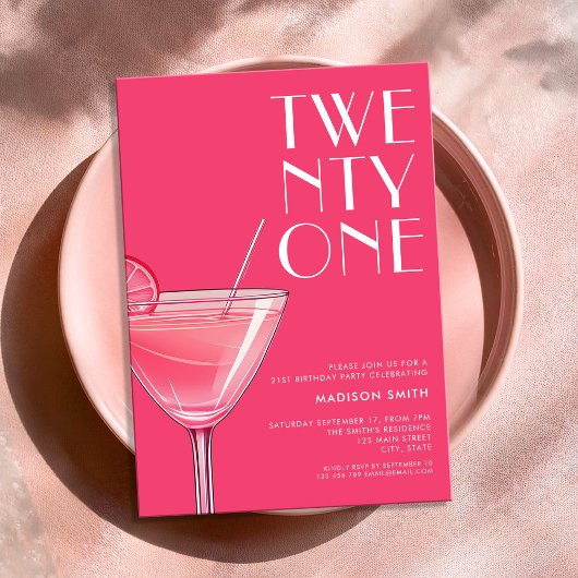 Moderne felroze cocktail 21e verjaardag kaart