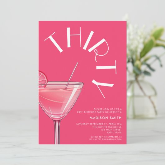 Moderne felroze cocktail 30e verjaardag kaart (Staand voorkant)