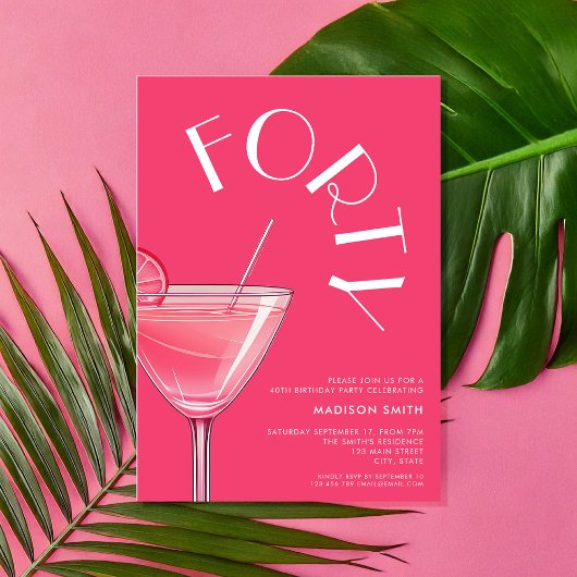 Moderne felroze cocktail 40e verjaardag kaart