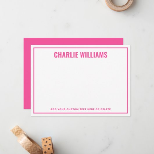 Moderne felroze naam rand blanco notitiekaartje (Voorkant / Achterkant in situ)
