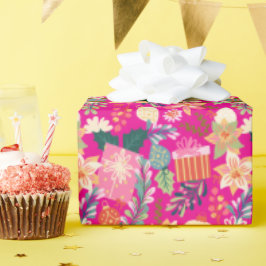 Moderne felroze retro kerstvakantie cadeaupapier