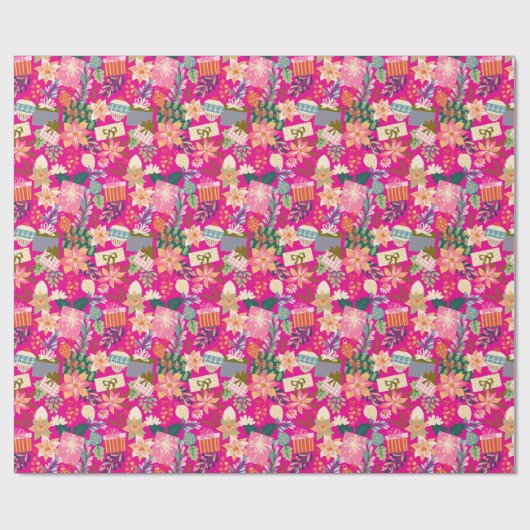 Moderne felroze retro kerstvakantie cadeaupapier (Vlak)