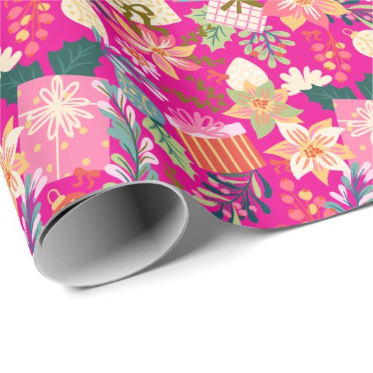 Moderne felroze retro kerstvakantie cadeaupapier (Rol Hoek)