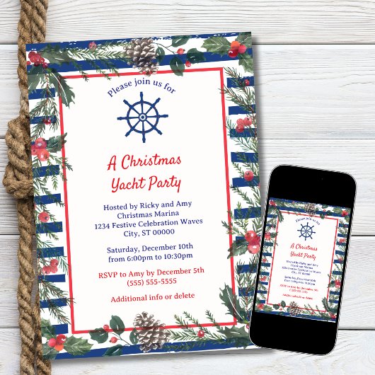 Moderne Festieve Blauwe Gestreepte Kerstboot Feest Kaart