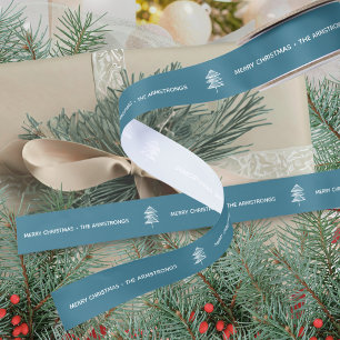 Moderne Festive Blau Minimalistische Kerstboom Satijnen Lint