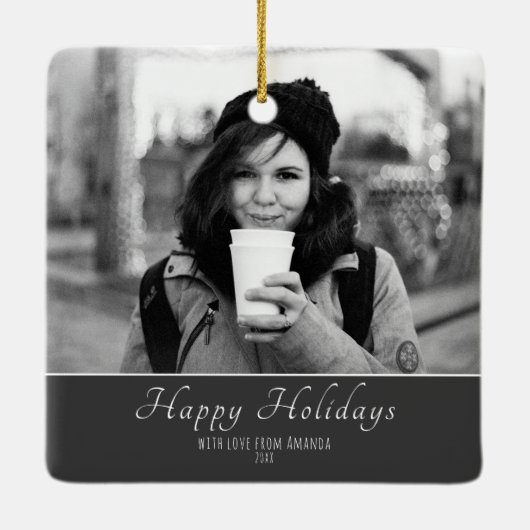 Moderne Festive Script Custom Photo Holiday Keramisch Ornament (Achterkant)
