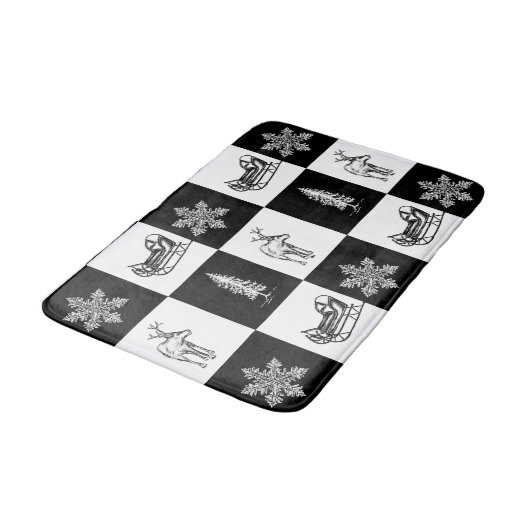 Moderne Festive Zwarte en Witte Kerstpatroon Badmat (Gekanteld)