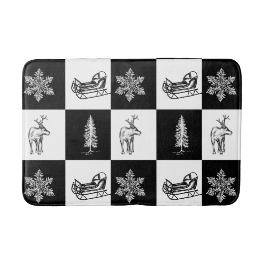 Moderne Festive Zwarte en Witte Kerstpatroon Badmat (Voorkant)