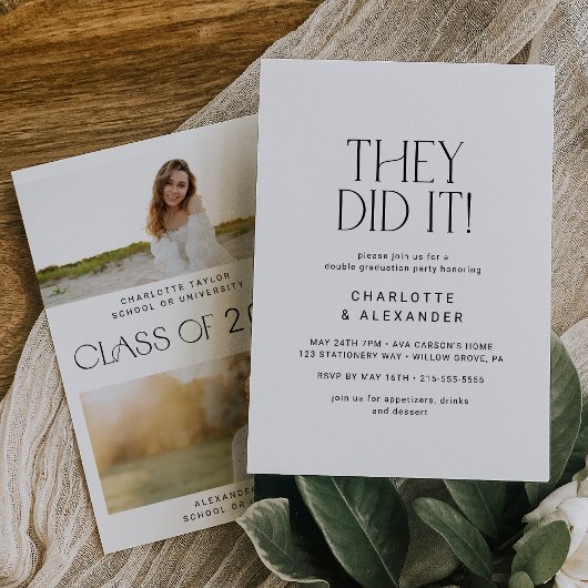 Moderne Fete Minimale Foto Dubbele Afstudeerfeest Kaart