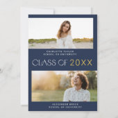 Moderne Fete Navy Foto Dubbele Afstudeerfeest Kaart (Achterkant)