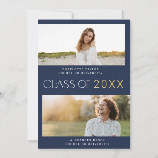 Moderne Fete Navy Foto Dubbele Afstudeerfeest Kaart (Achterkant)