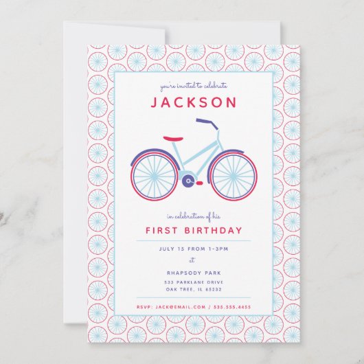 Moderne Fiets in Blauw en Rood Verjaardag Uitnodig Kaart (Voorkant)