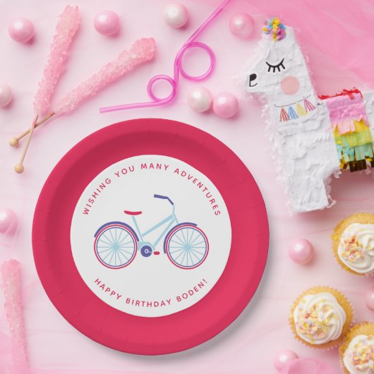 Moderne fiets in rood en blauw papieren bordje (Feest)