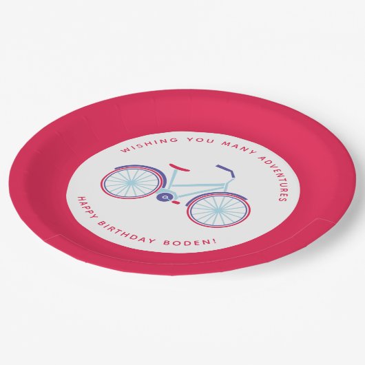 Moderne fiets in rood en blauw papieren bordje (Gekanteld)