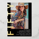 Moderne FIFTY Foto 50th Birthday Party Invitation Folie Uitnodiging<br><div class="desc">Voeg een beetje luxe toe aan dit populaire ontwerp door gouden folie belettering toe te voegen. Modern 50th Birthday Invitation - Design beschikt over een zwarte achtergrond die kan worden veranderd in elke kleur, een portretfoto, de tekst 'FIFTY' in vet echt gouden folie belettering en een elegante verjaardagsfeestje sjabloon die...</div>