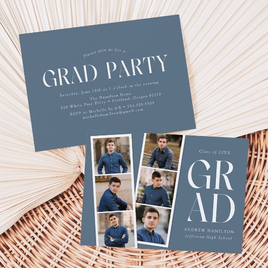 Moderne Filmstrip Blauw 6 Foto Graduation Party Kaart