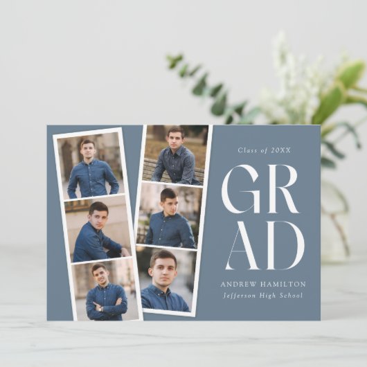 Moderne Filmstrip Blauw 6 Foto Graduation Party Kaart (Staand voorkant)