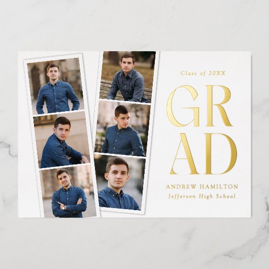 Moderne Filmstrip Gold 6 Foto Afstuderen Folie Uitnodiging (Voorkant)